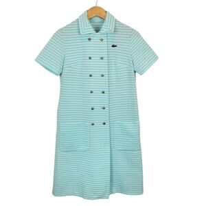 Chemise Lacoste Vintage 60s Striped Collared Dress Polyester Baby Blue White 6/8